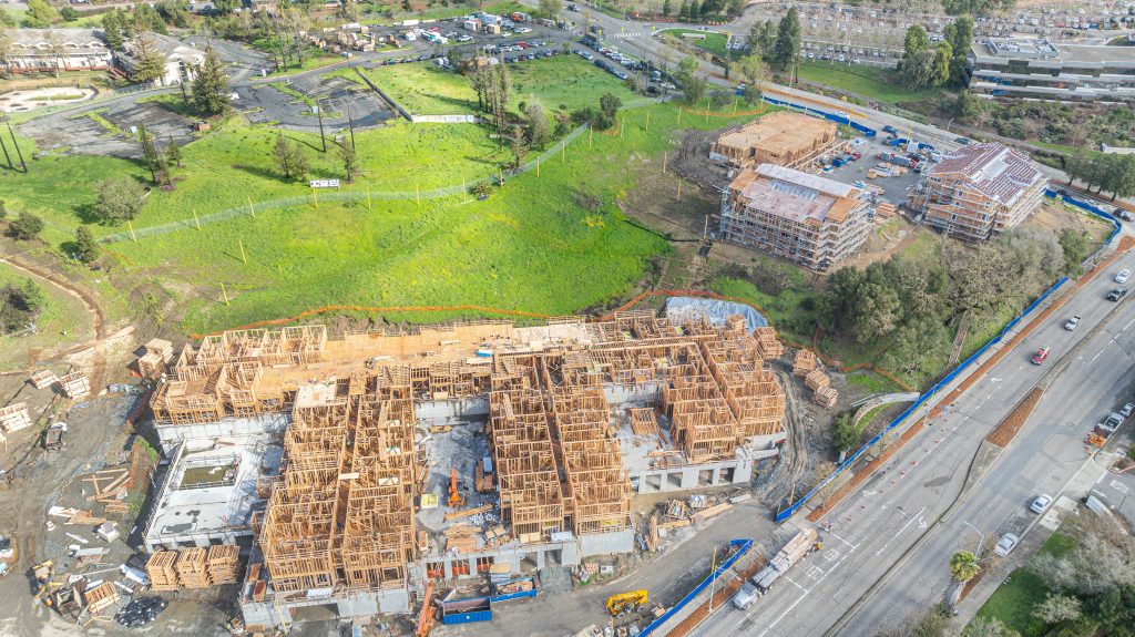 Wooden framework featuring exposed rafters and vertical posts during construction