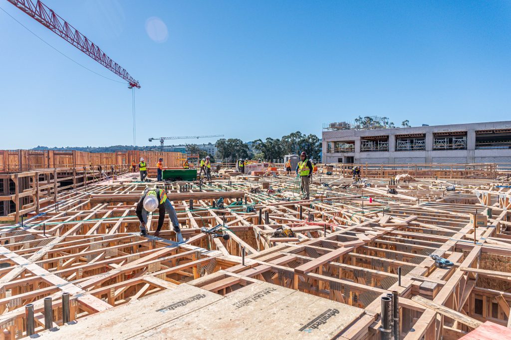 Carpenter positioning wooden studs and ensuring they are level for framing