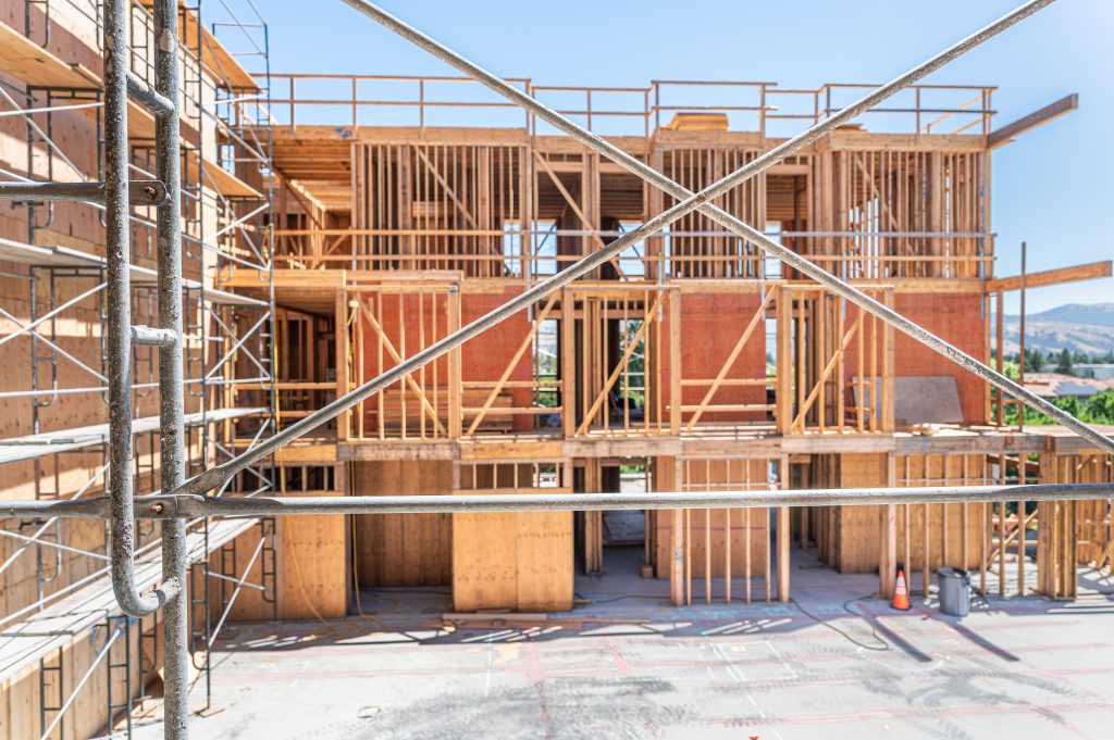 Wooden scaffolding and framework assembled for a new building project